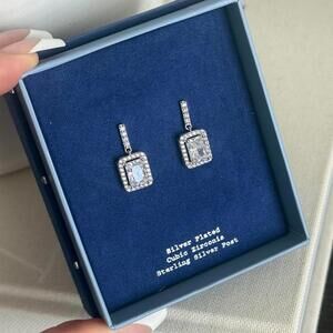 Silver Plated Halo Emerald Cubic Zirconia Drop Earrings